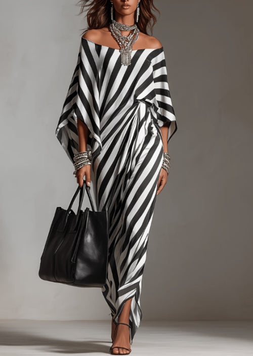 2026 New Black And White Twill Fantasy Preface One Shoulder Wide Sleeve Robe Dress