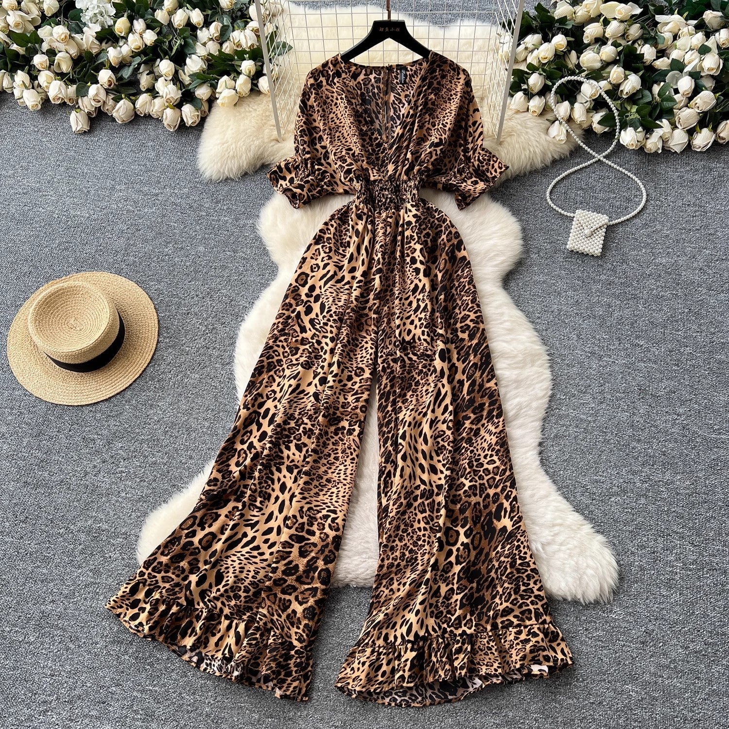Women's Casual V-Neck Elastic Waist High-Waist Wide-Leg Printed Jumpsuit