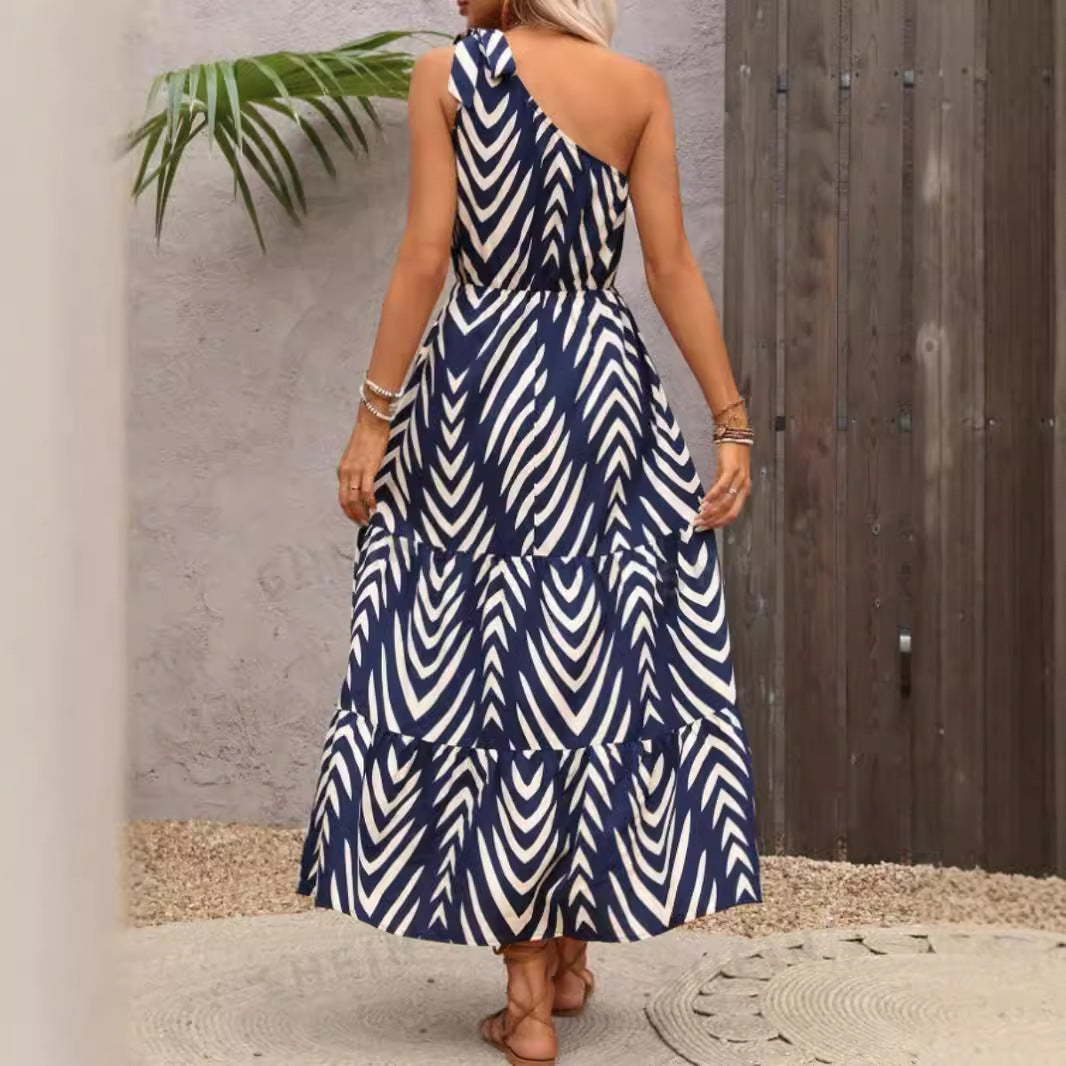 Printed Off-Shoulder Lace-Up Bohemian Dress
