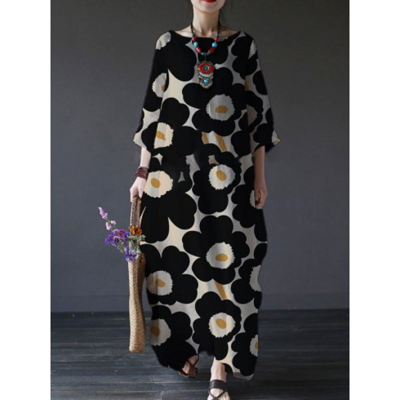 Womens Loose Round-Neck Fashionable High-End Long-Sleeve Printed Dress