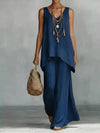 New Casual Bohemian-style Wide-leg Pants And V-neck Vest Set