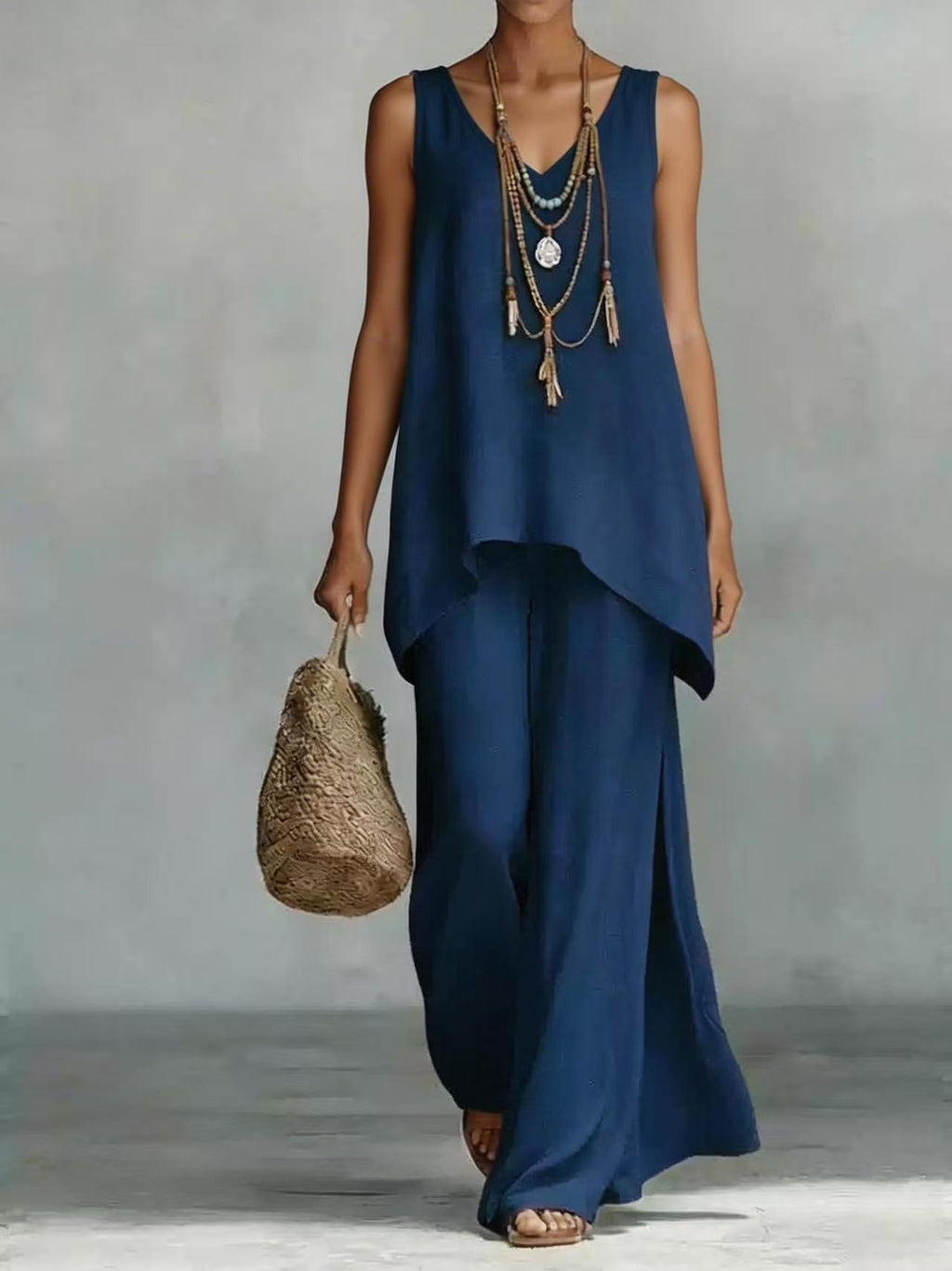 New Casual Bohemian-style Wide-leg Pants And V-neck Vest Set