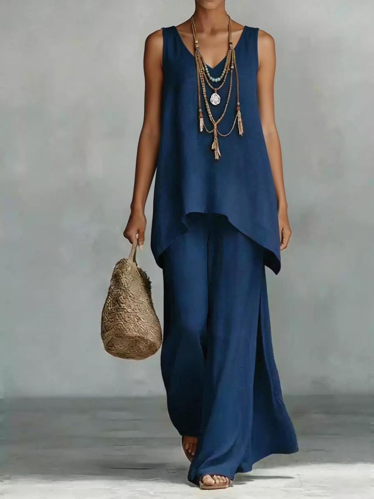 New Casual Bohemian-style Wide-leg Pants And V-neck Vest Set