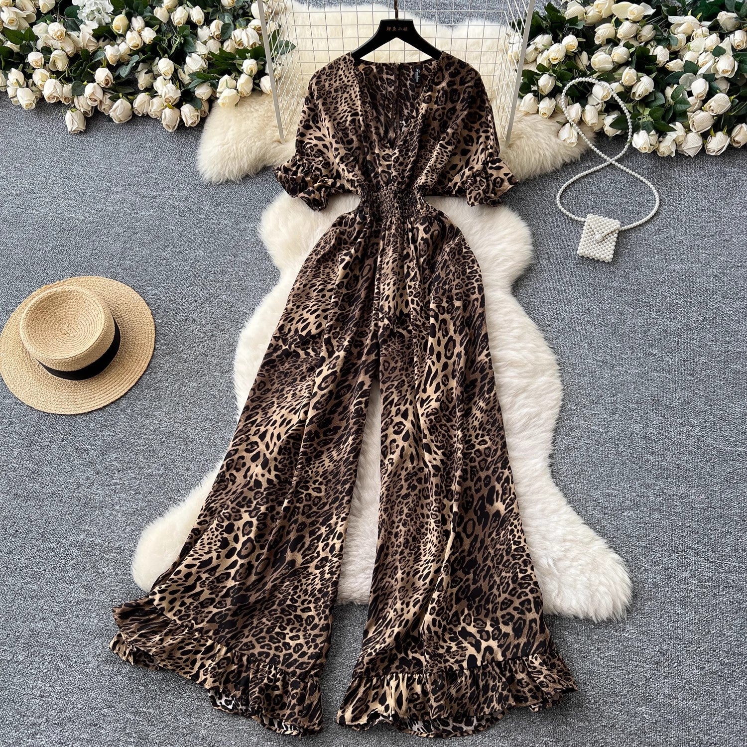 Women's Casual V-Neck Elastic Waist High-Waist Wide-Leg Printed Jumpsuit