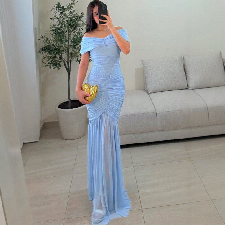 Slim Fit Pleated Mesh Patchwork Maxi Dress