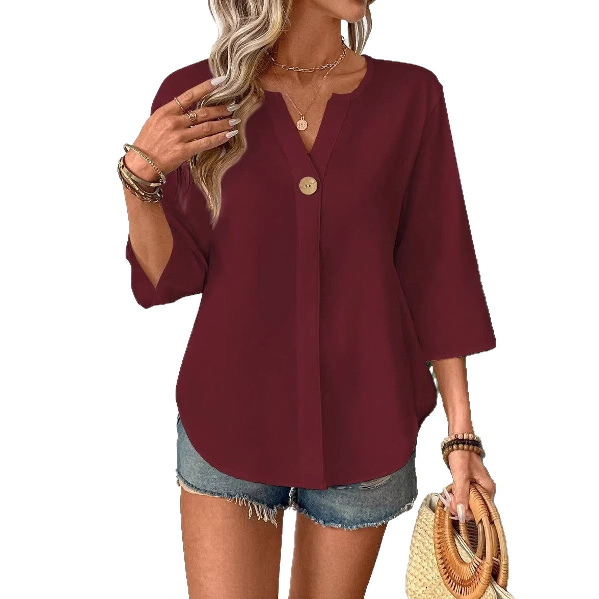 Loose-fitting Solid-color Casual Shirt With A Small V-neck And Buttons