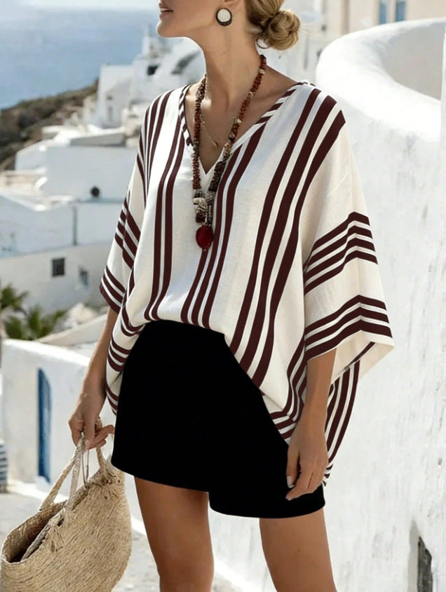 Loose-fit Batwing Sleeve Striped Top T-shirt
