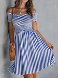 Off-the-shoulder Striped Waist-cinching Dress European And American Style