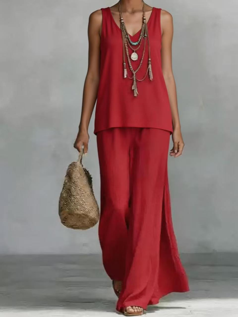New Casual Bohemian-style Wide-leg Pants And V-neck Vest Set