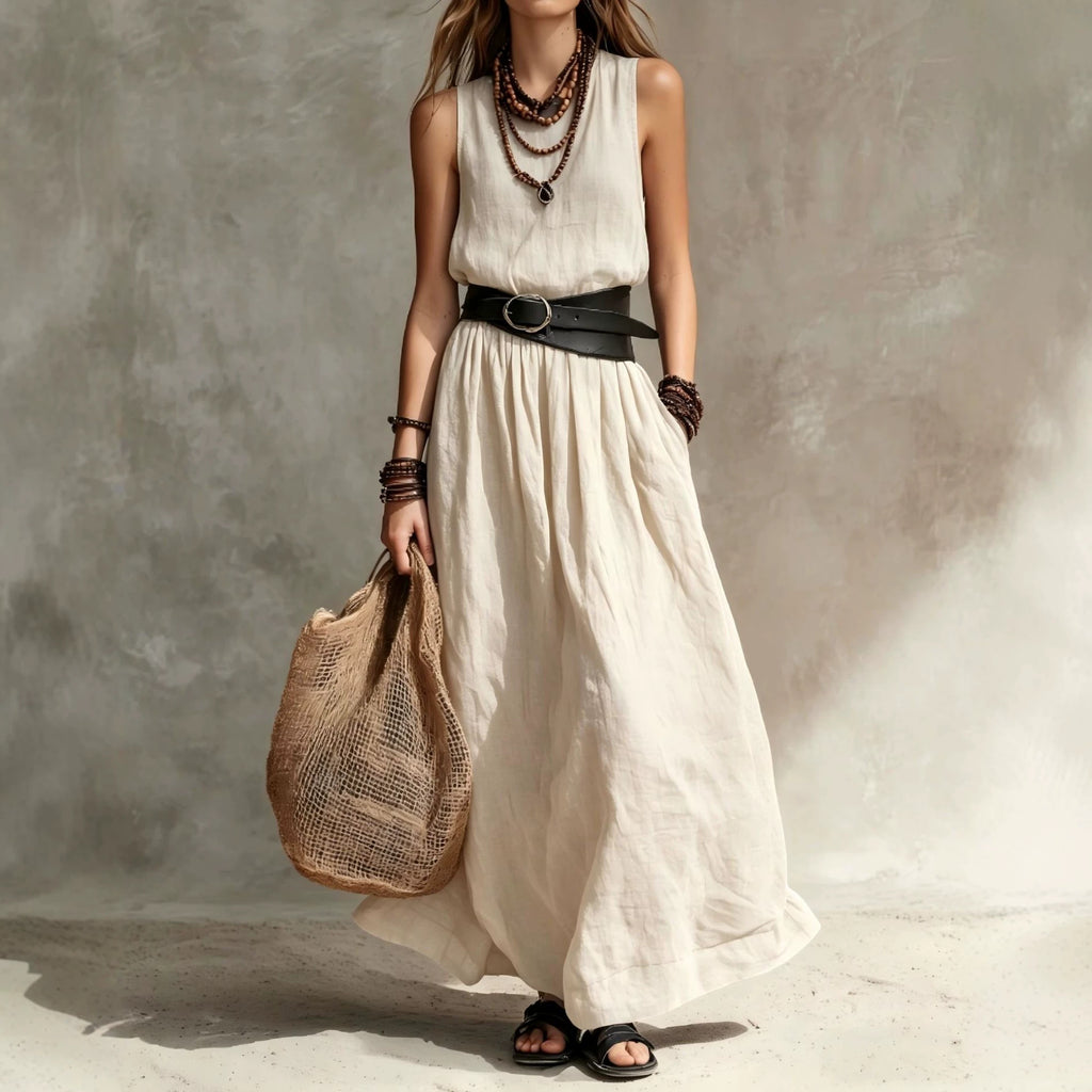 Turn-down Collar Long Sleeveless Dress