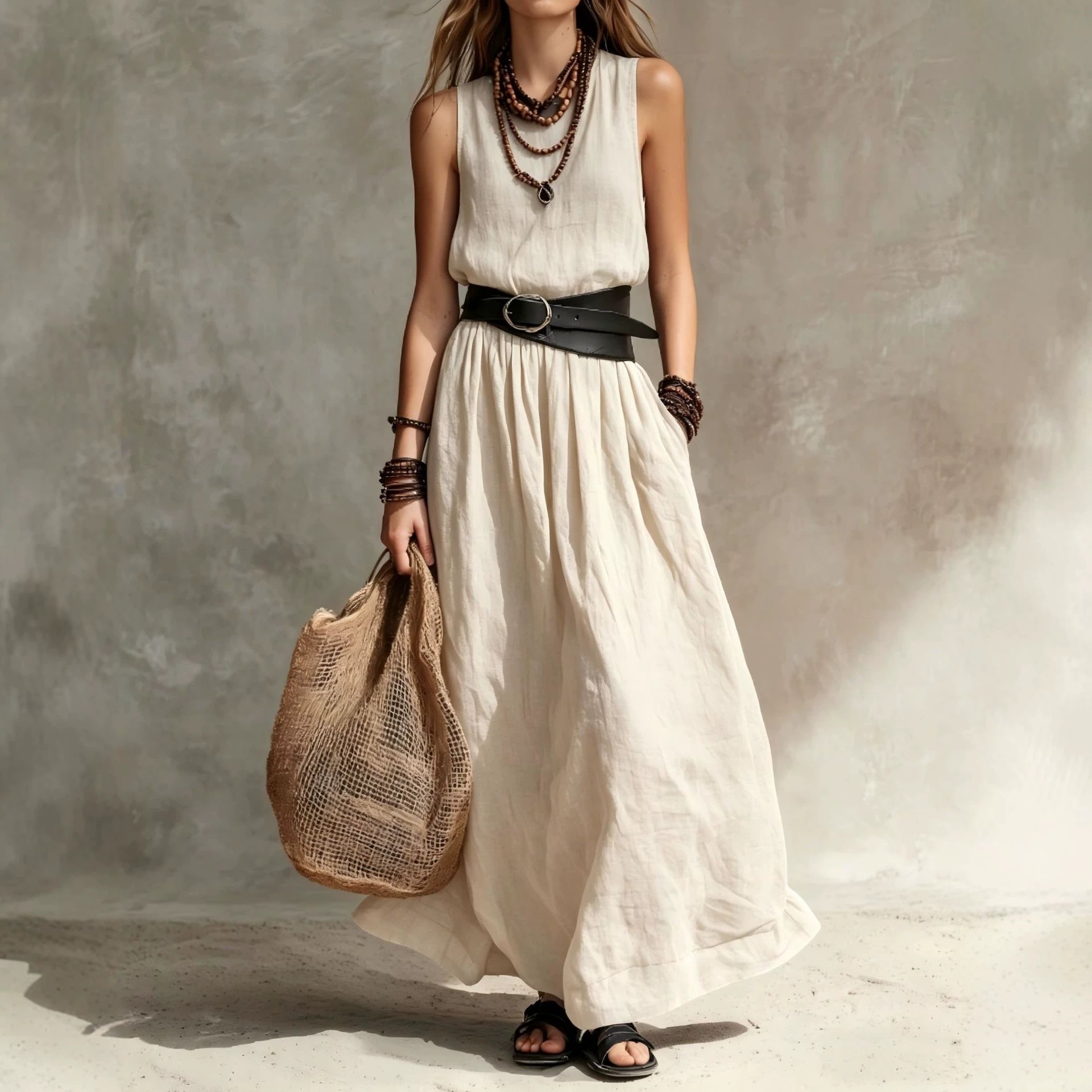 Turn-down Collar Long Sleeveless Dress