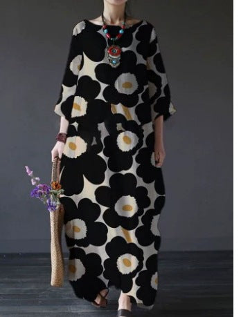 Womens Loose Round-Neck Fashionable High-End Long-Sleeve Printed Dress