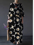 Womens Loose Round-Neck Fashionable High-End Long-Sleeve Printed Dress
