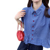 French-style Sweet Ruffle-trimmed Blue Plaid Short-sleeve Shirt