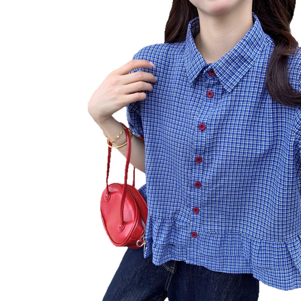 French-style Sweet Ruffle-trimmed Blue Plaid Short-sleeve Shirt