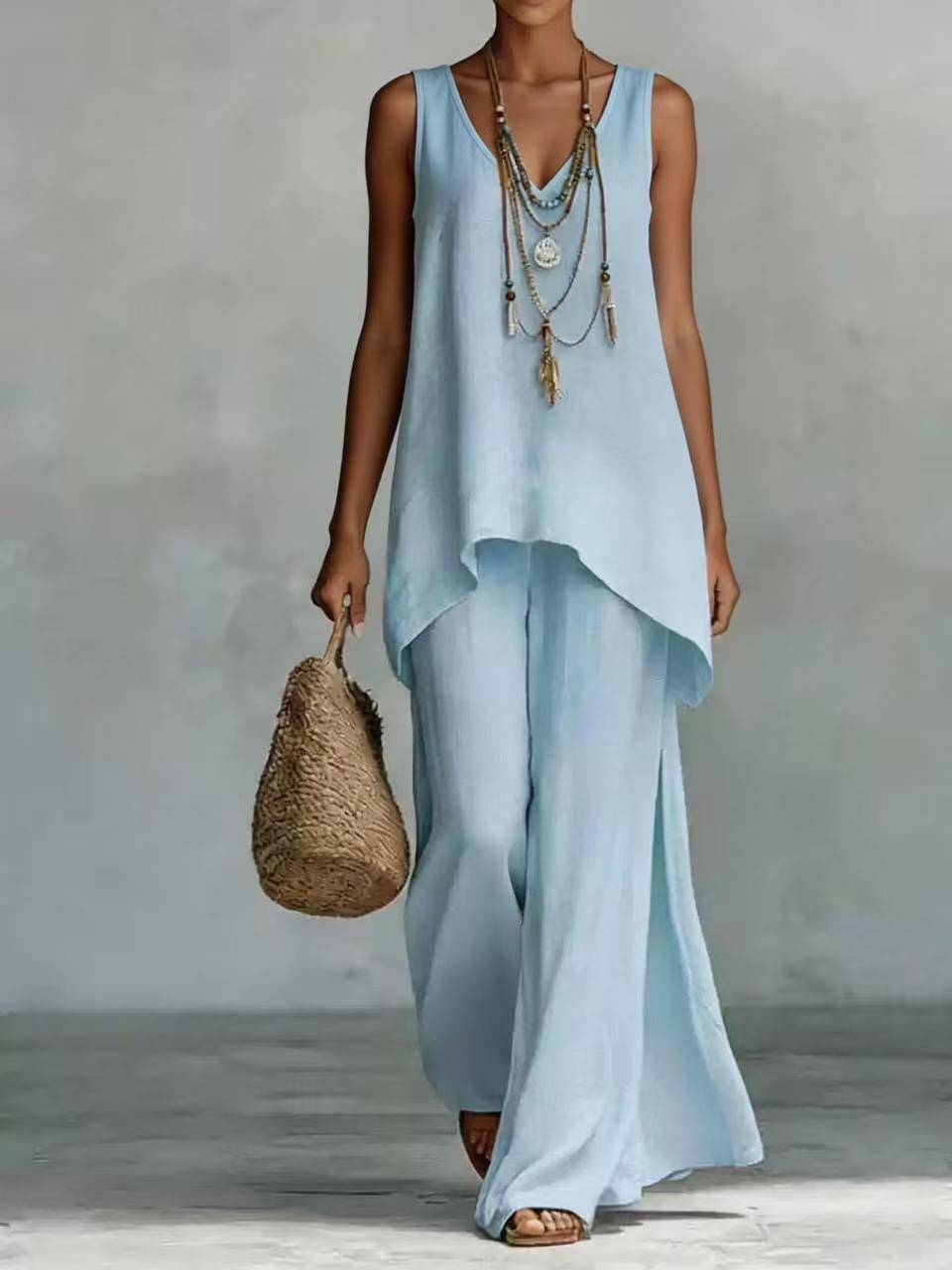 New Casual Bohemian-style Wide-leg Pants And V-neck Vest Set