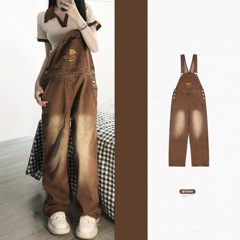 Youthful And Chic American-Style Burger Embroidery Denim Suspender Pants