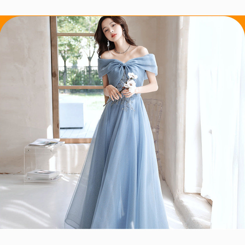 Off-shoulder Blue Evening Gown Womens Elegant French-style For Banquets