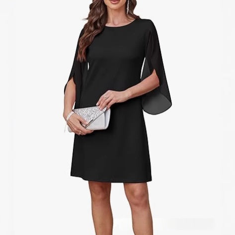 Womens Solid-Colored Crew-Neck Cloak-Sleeve Dress