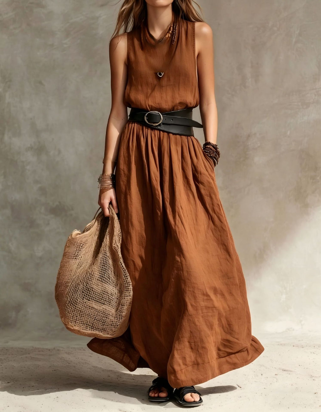 Turn-down Collar Long Sleeveless Dress