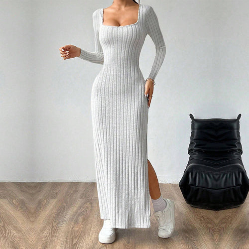 Elegant Square Neck Open Back Long Sleeve Midi Dress Spring Summer