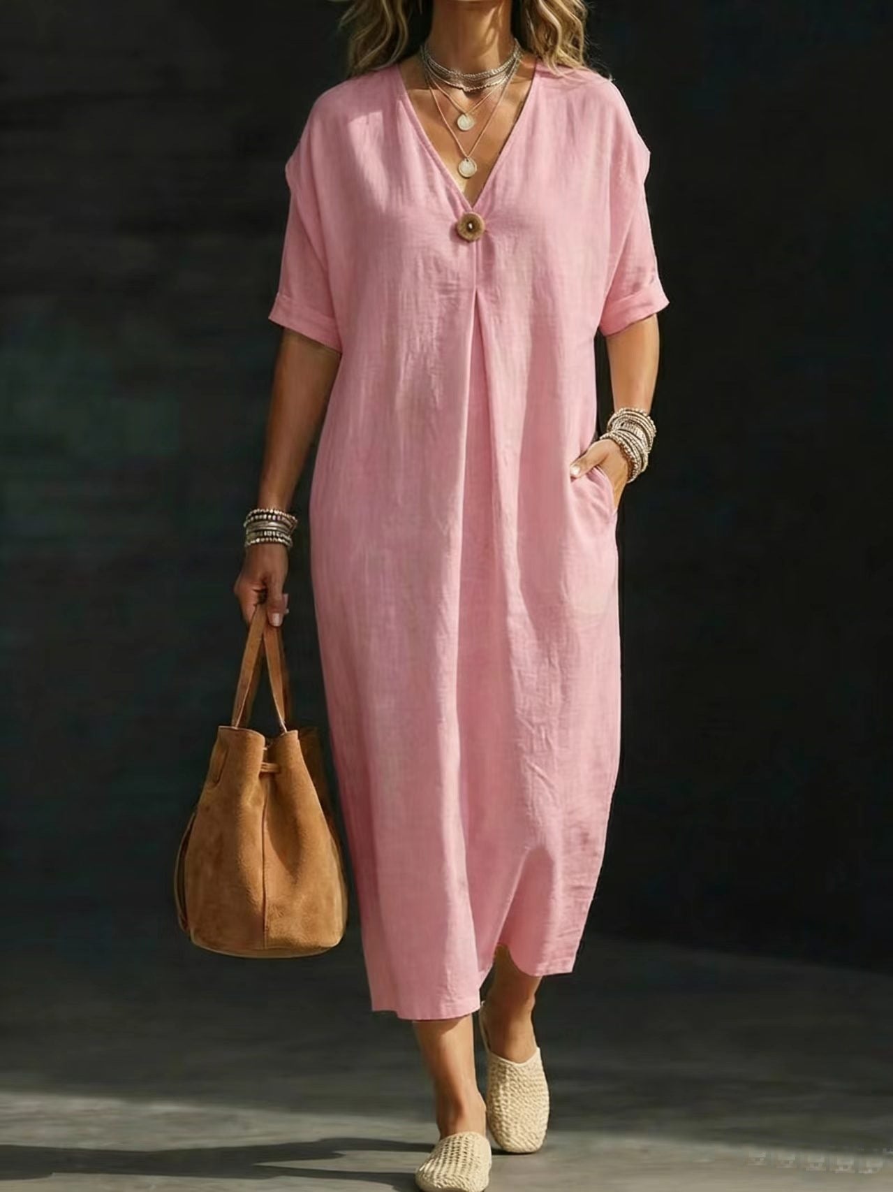 Women's V-neck Single-button Short-sleeve Dress