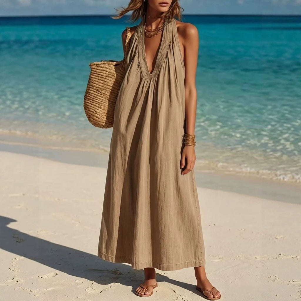 Womens Long Sleeveless Cotton-Linen Comfortable Dress
