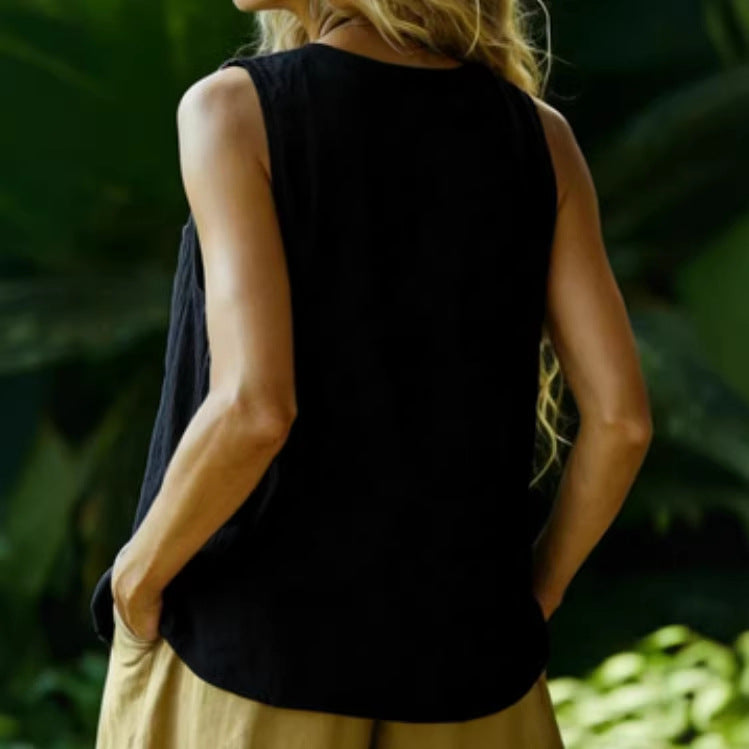 Women's Cotton-Linen Sleeveless Fashionable Casual Shirt