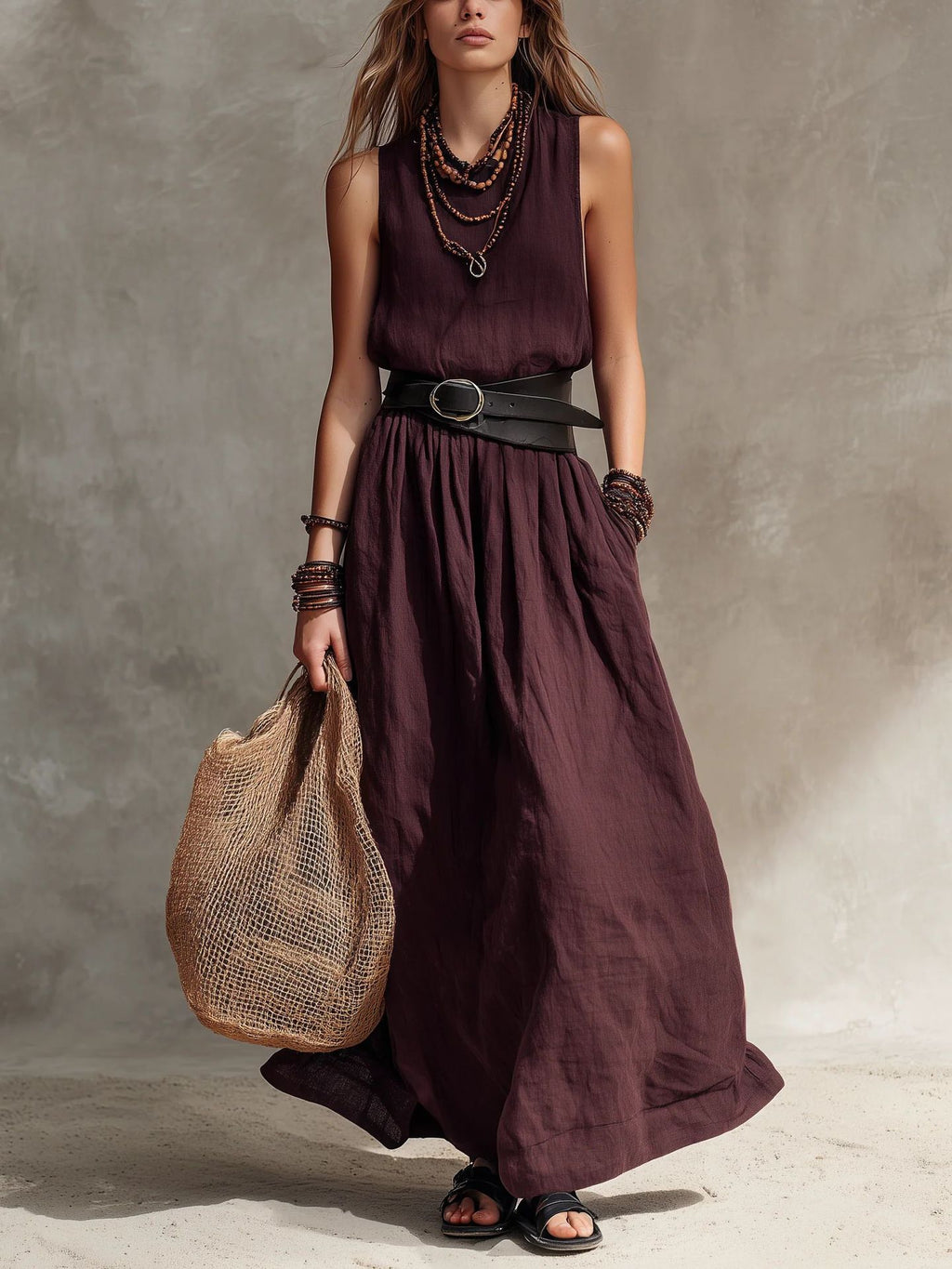 Turn-down Collar Long Sleeveless Dress
