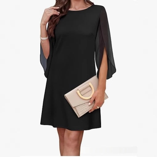 Womens Solid-Colored Crew-Neck Cloak-Sleeve Dress