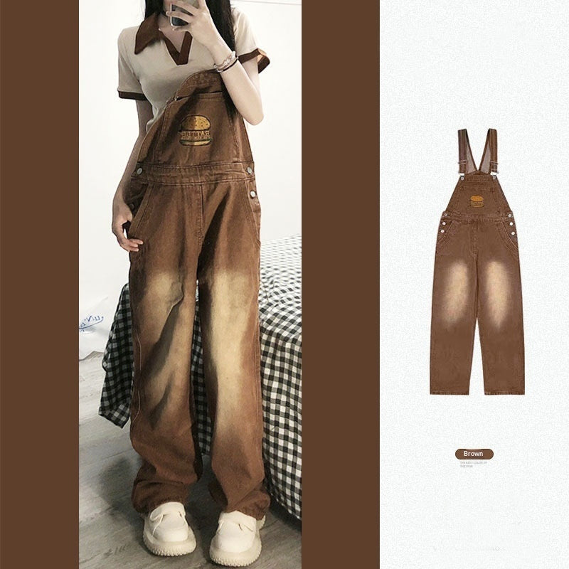 Youthful And Chic American-Style Burger Embroidery Denim Suspender Pants