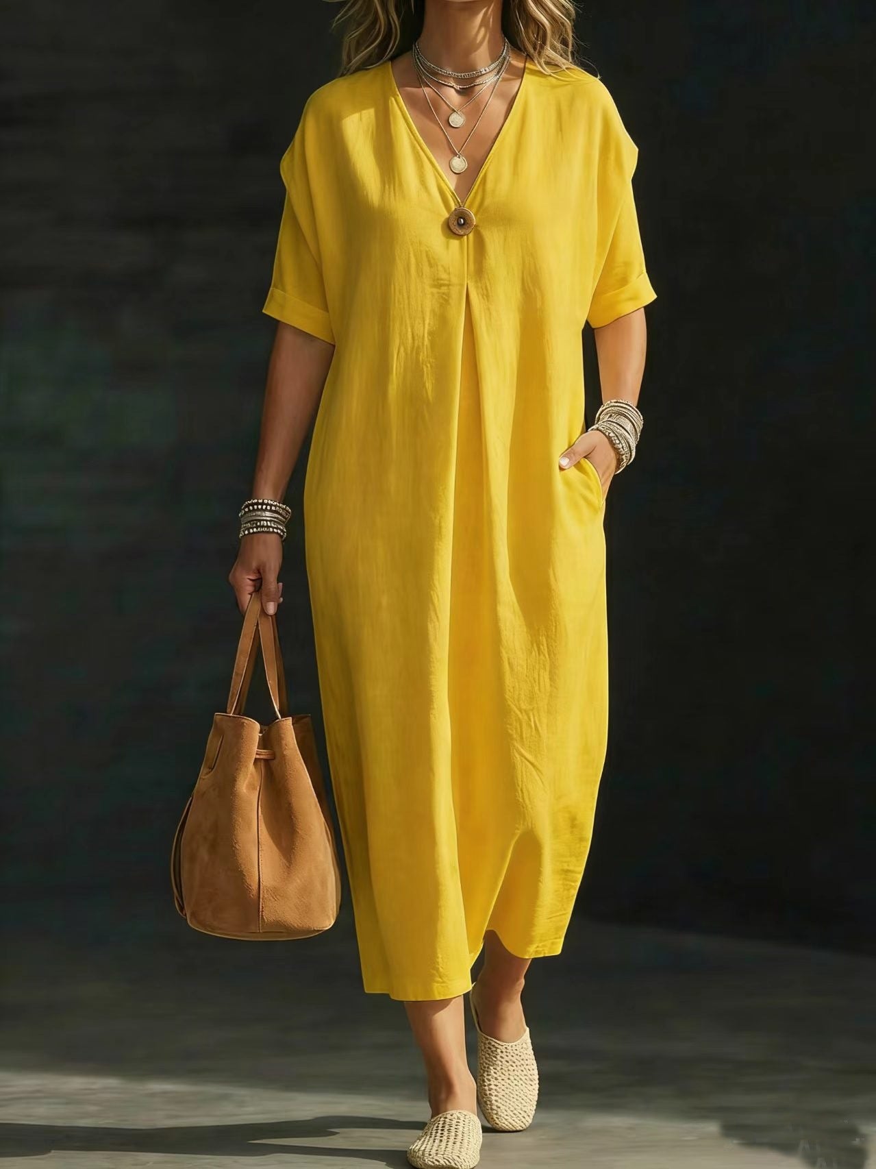 Women's V-neck Single-button Short-sleeve Dress