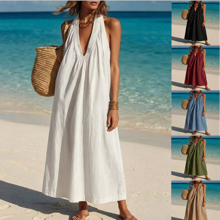 Womens Long Sleeveless Cotton-Linen Comfortable Dress