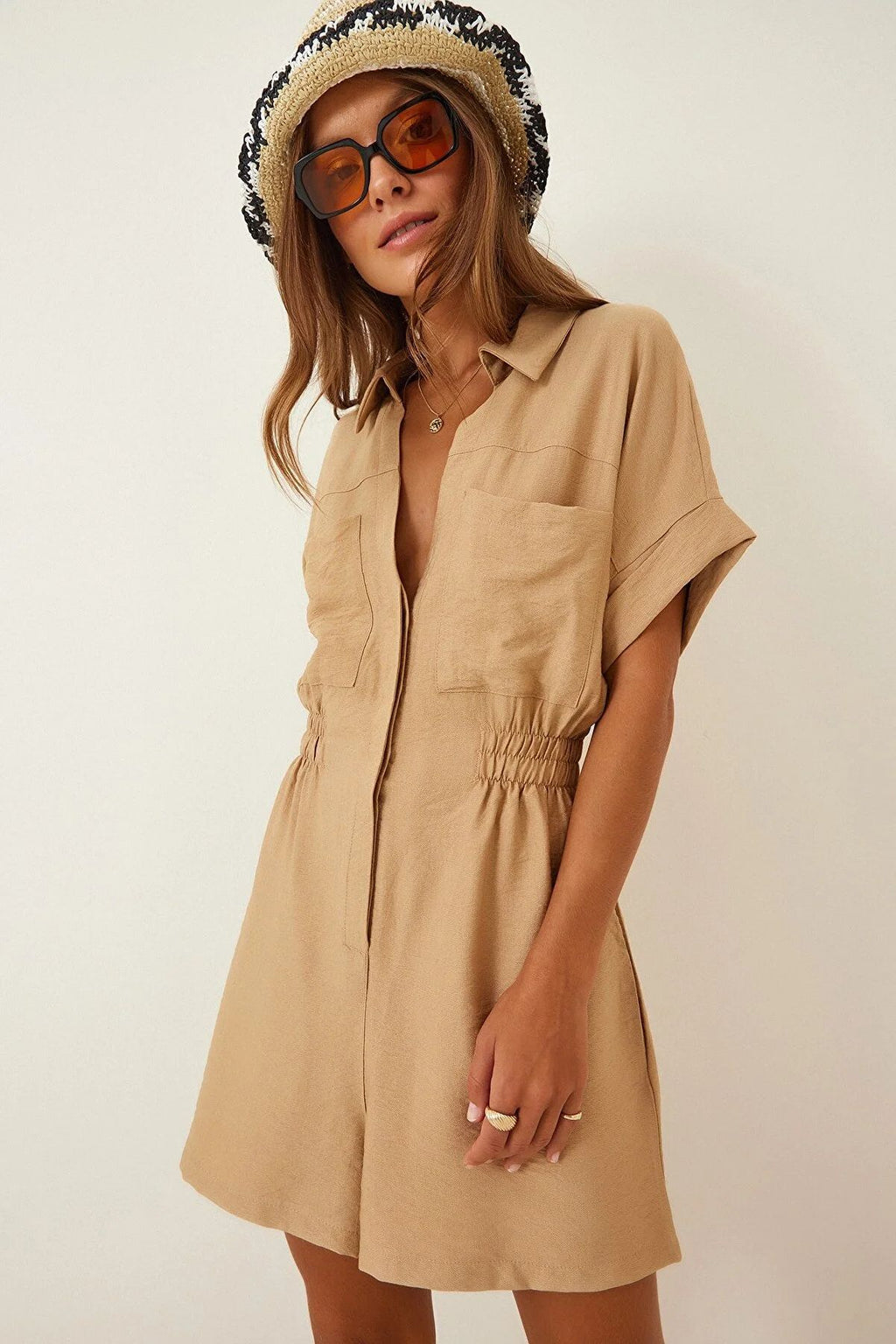 Workwear Jumpsuit Loose-fitting Figure-flattering Made Of Cotton And Linen