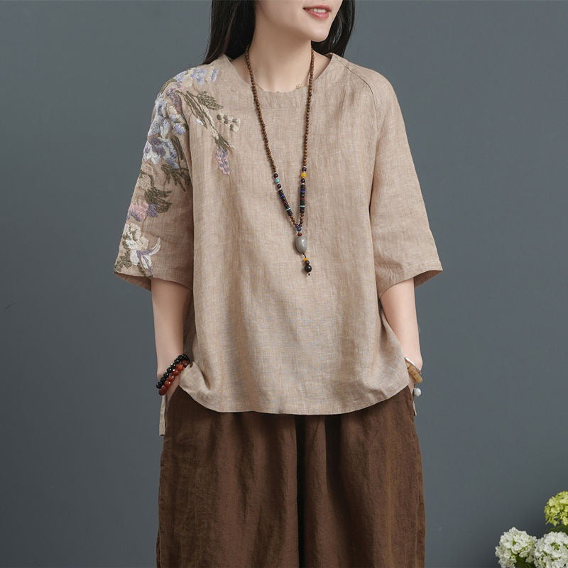 Summer Ethnic Style Embroidered Plus-Size Loose Fit Artistic Vintage Chinese Style T-Shirt