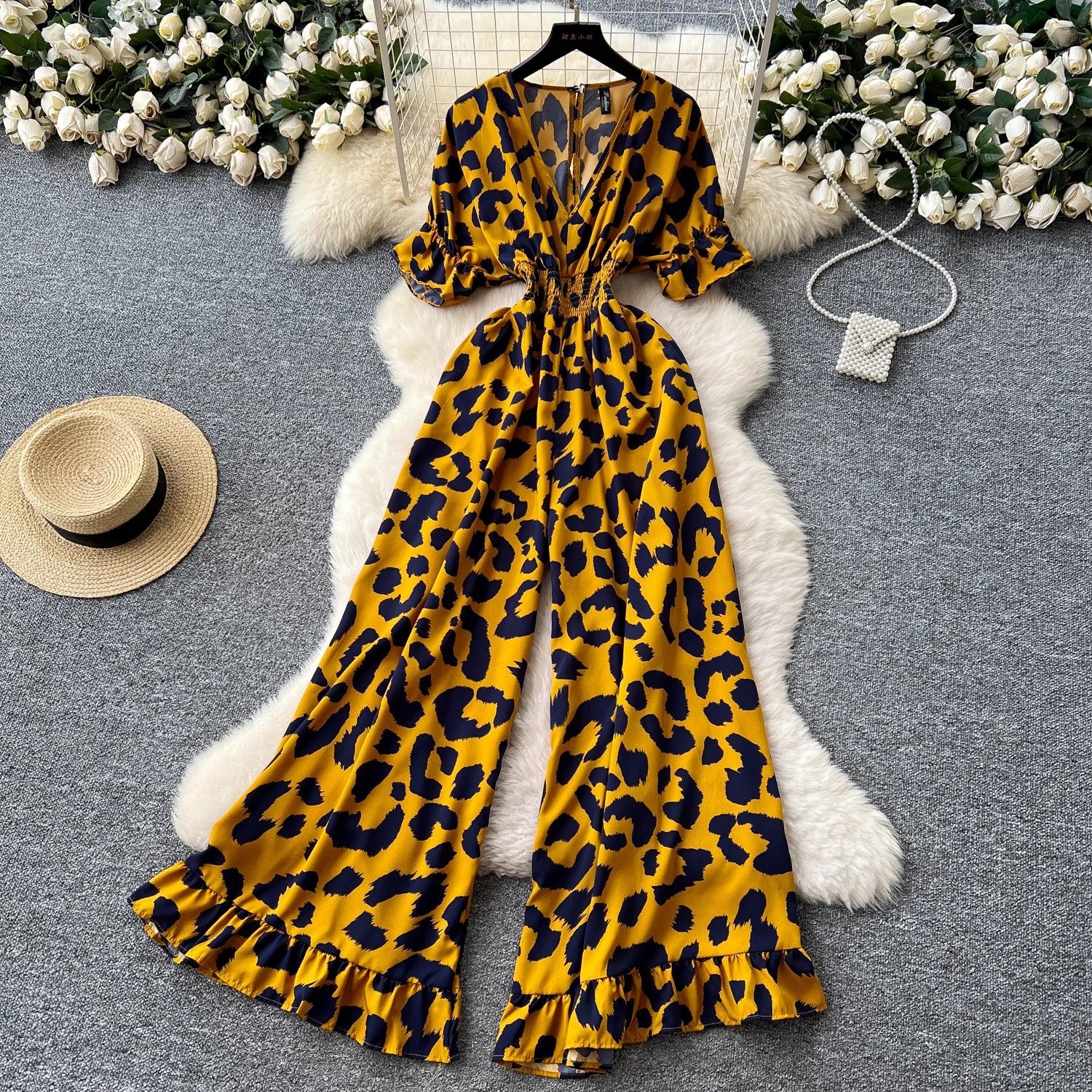 Women's Casual V-Neck Elastic Waist High-Waist Wide-Leg Printed Jumpsuit