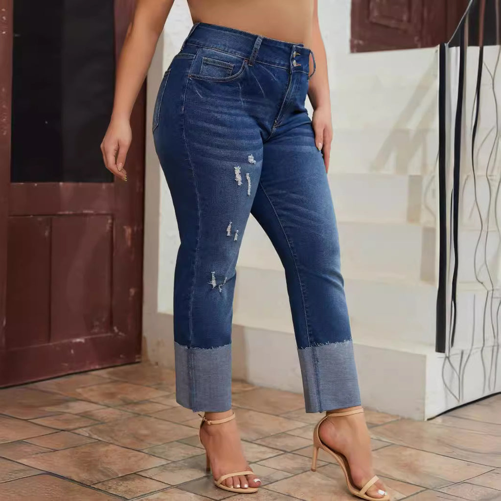 Womens High-Waist Straight-Leg Ripped Stretch Jeans