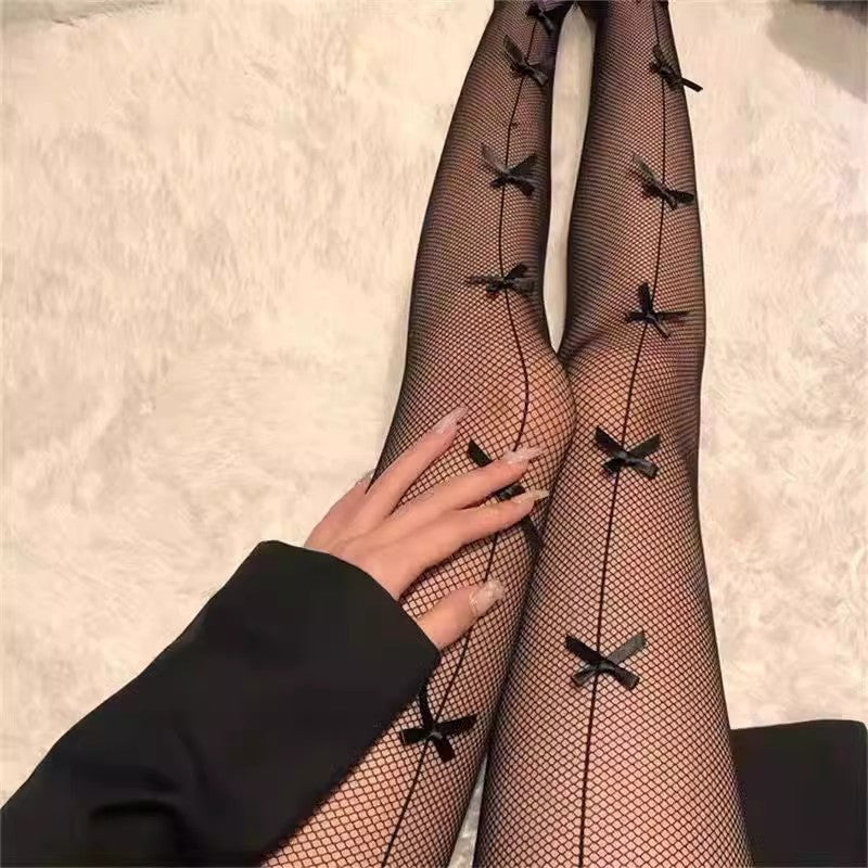 Women's Sexy Stockings With One String & Seven Diamond-Studded Bows, Internet Celebrity Line Grid Fishnet Socks, Dark Hot Girl Style JK Pantyhose