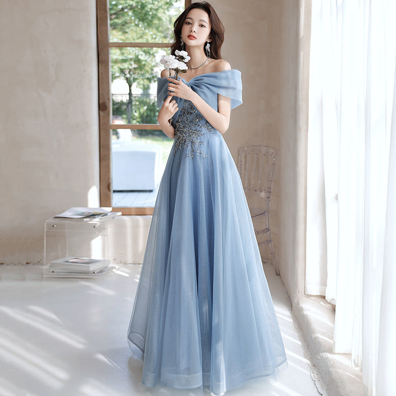 Off-shoulder Blue Evening Gown Womens Elegant French-style For Banquets