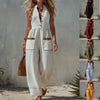 Womens Sleeveless Casual Loose Cotton-Linen Wide-Leg Jumpsuit