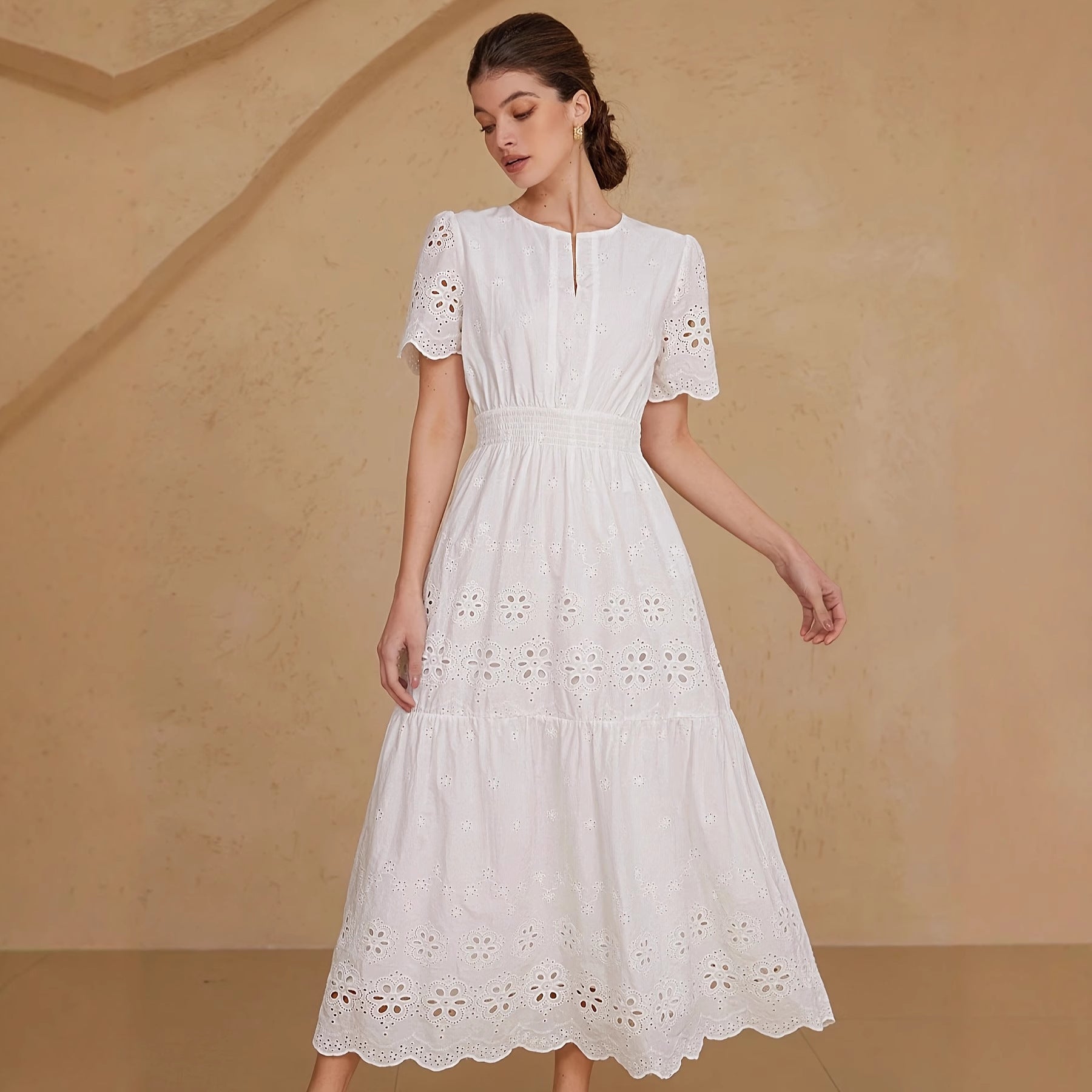 Women's Hollow-Out Embroidered Short-Sleeve Dress
