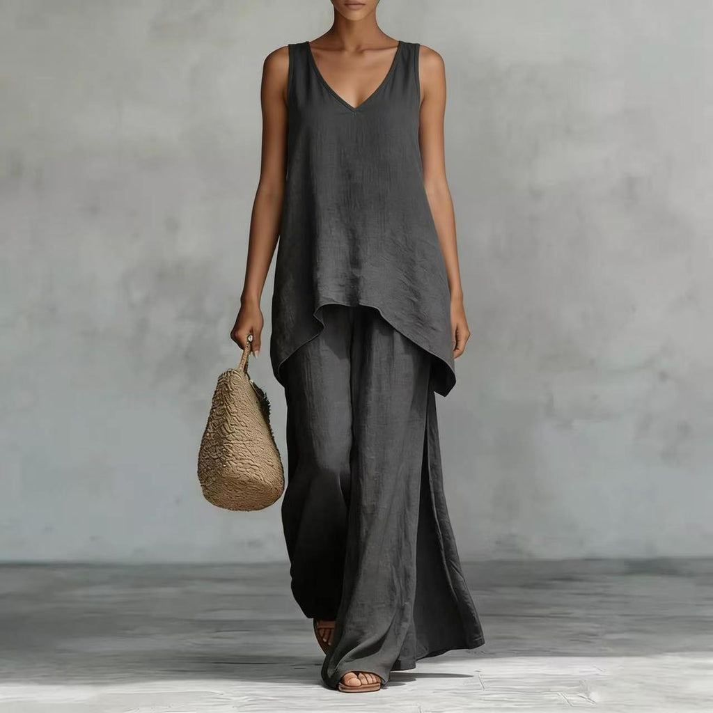 New Casual Bohemian-style Wide-leg Pants And V-neck Vest Set