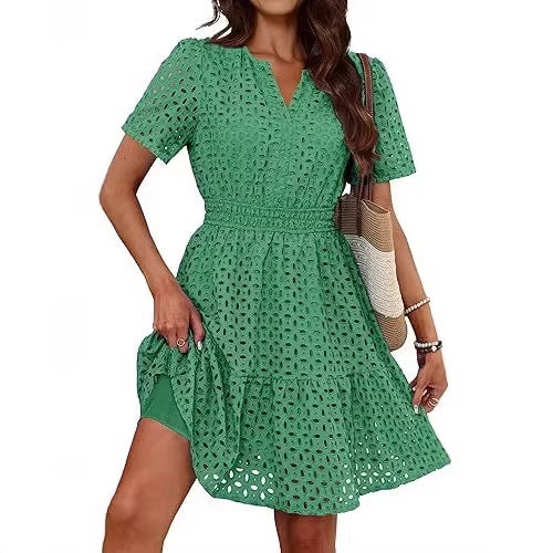 Womens Hollow-out Lace Short-sleeve Dress