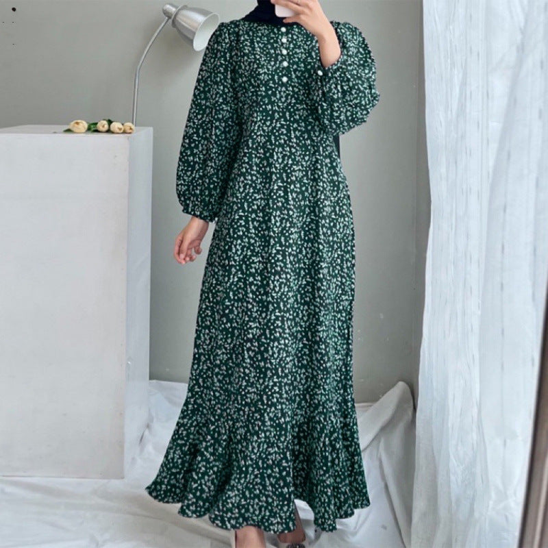 Long Sleeved Open Door Tube Loose Printed Button Neck Dress