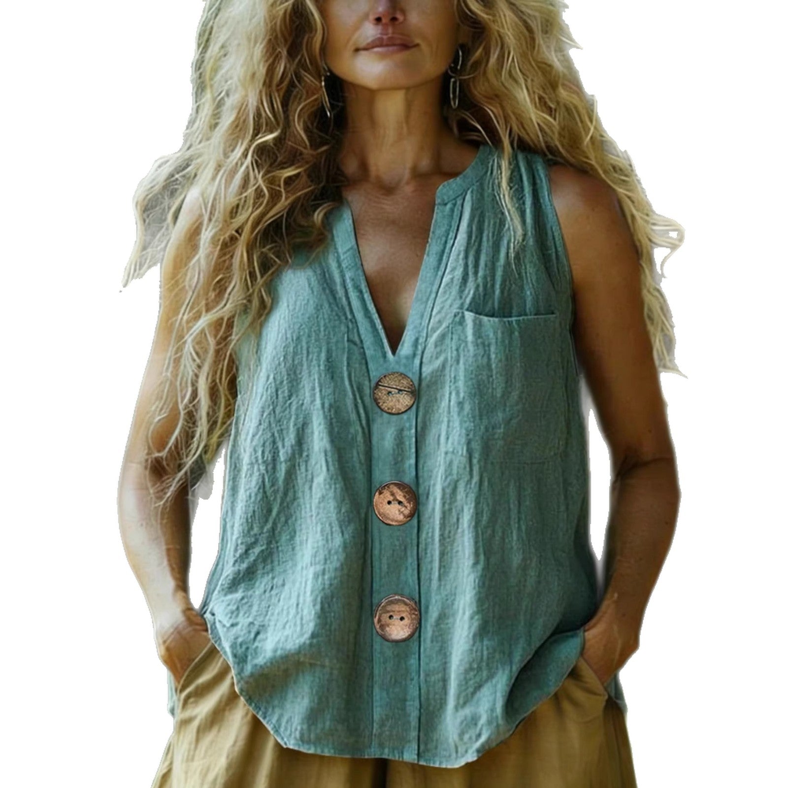 Women's Cotton-Linen Sleeveless Fashionable Casual Shirt