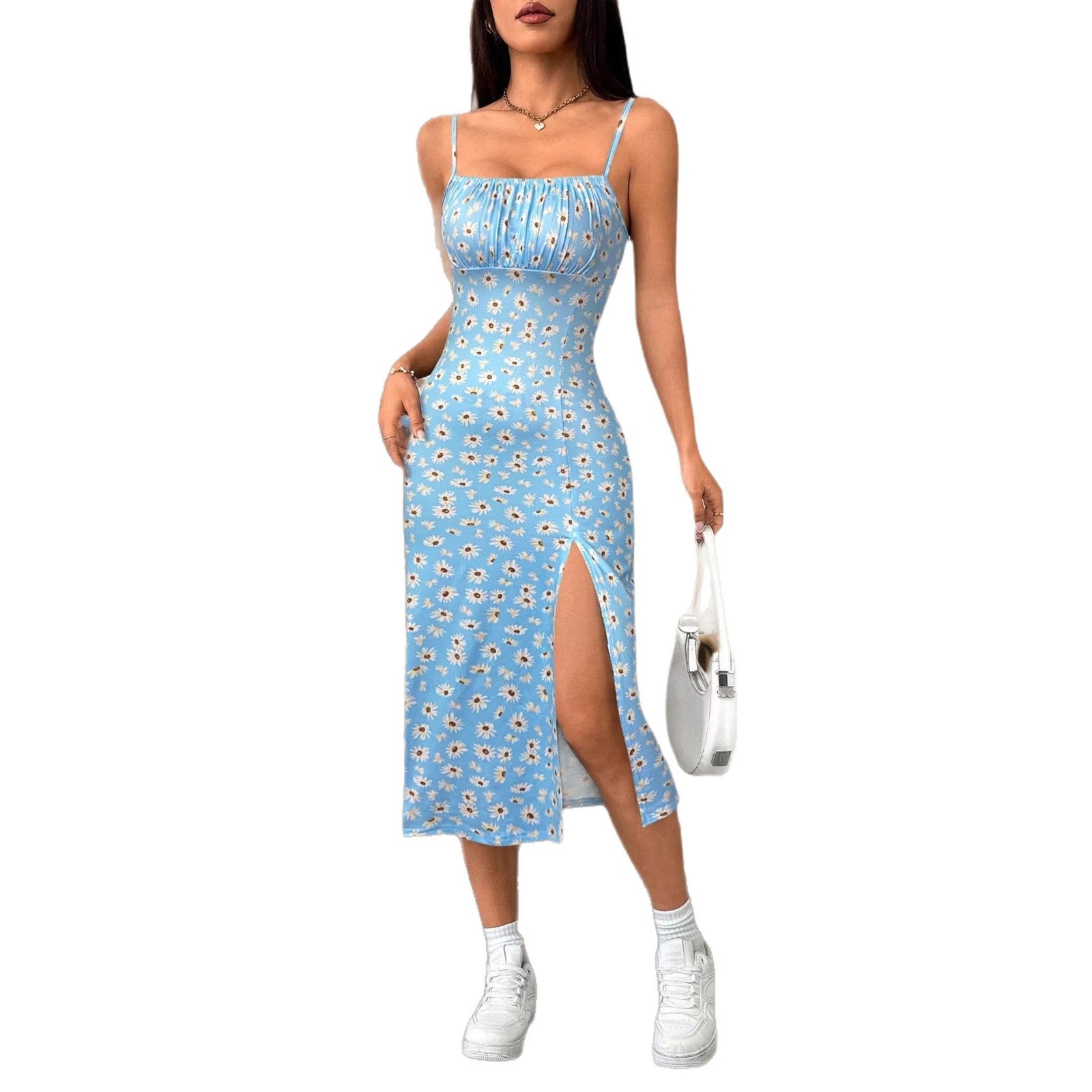 Summer Fashion Printed Strap Pleated Slit Dress Womens Wear