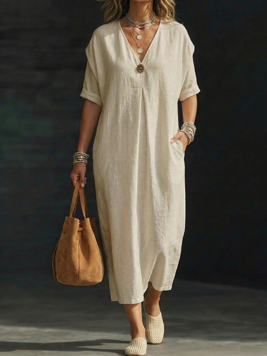 Women's V-neck Single-button Short-sleeve Dress