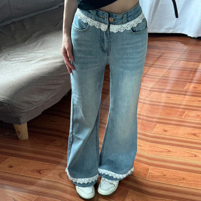 Lace-trimmed Patchwork Flared Jeans