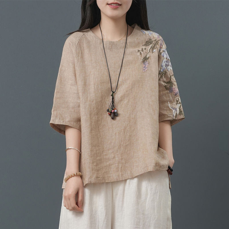 Summer Ethnic Style Embroidered Plus-Size Loose Fit Artistic Vintage Chinese Style T-Shirt