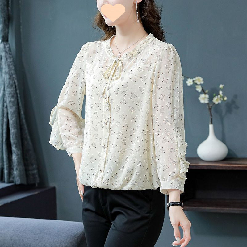 French-style Ruffled Floral Long-sleeve Chiffon Blouse